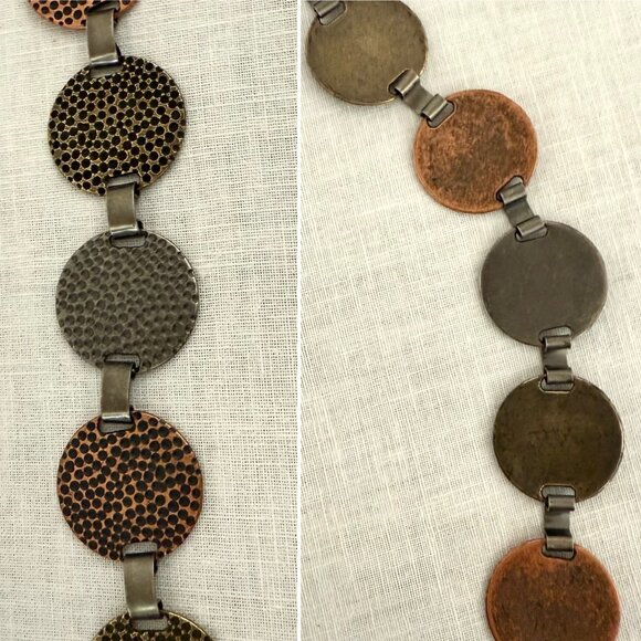 Vintage Hammered Metal Disc Chain Belt Adjustable Length Bronze & Silver Tones - Picture 6 of 11